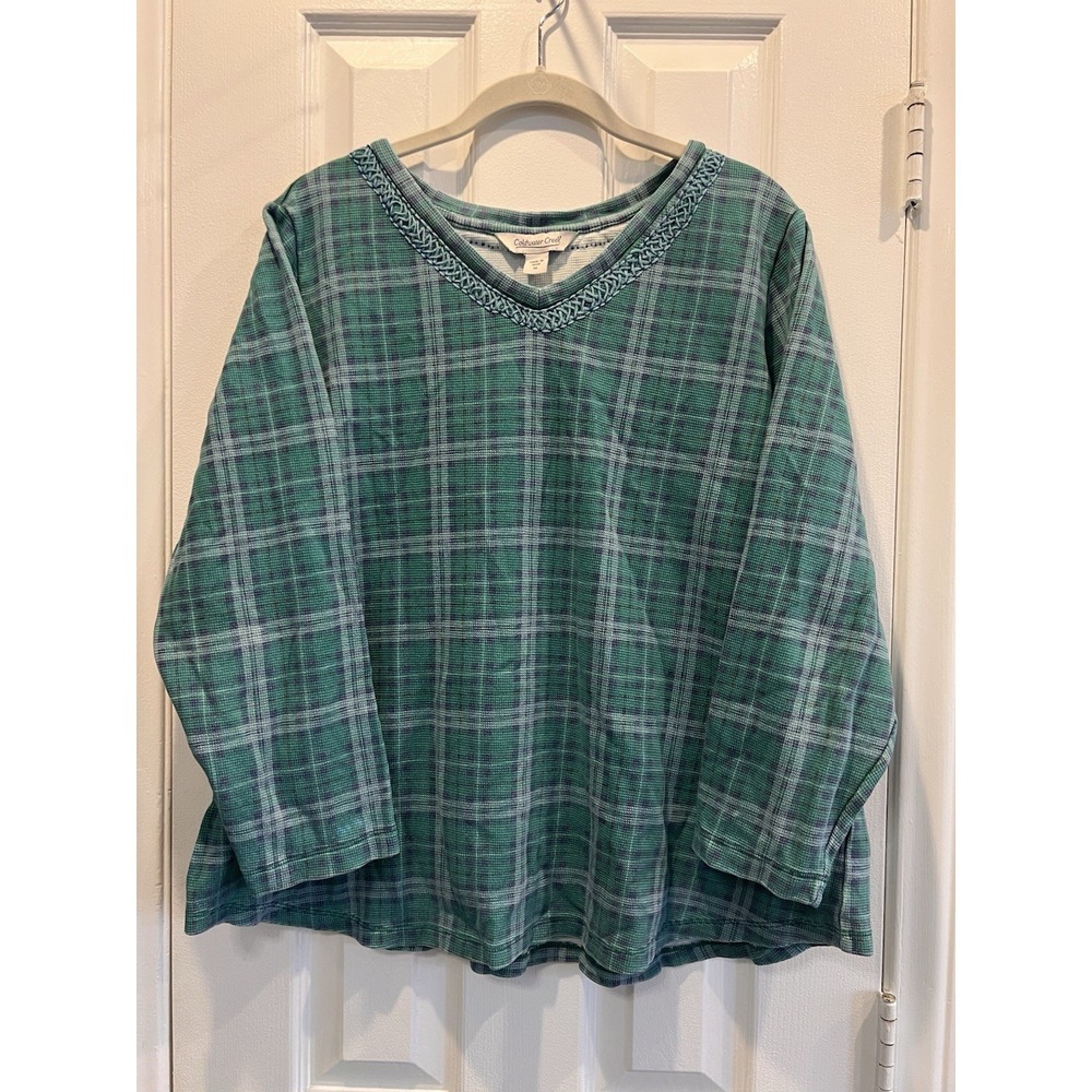 Coldwater Creek Plus 1X Plaid Cotton Waffle Knit Tunic Embroidered V-Neck Shirt